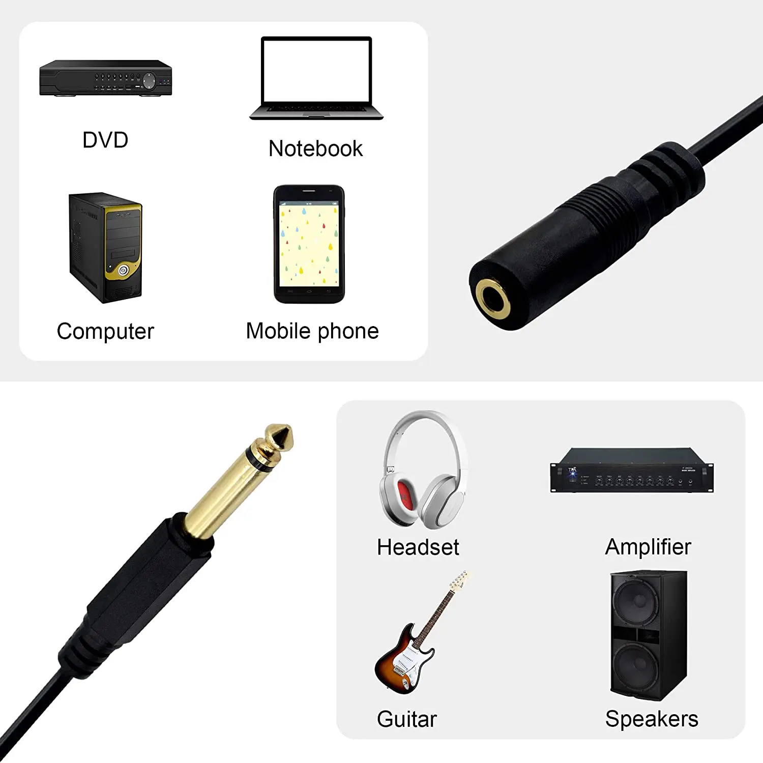 Adaptador de 1/4 "a 1/8", 6,35mm TS Mono macho a 3,5mm TRRS hembra, adaptador de conector de Cable de Audio estéreo para amplificadores, guitarras, Pianos