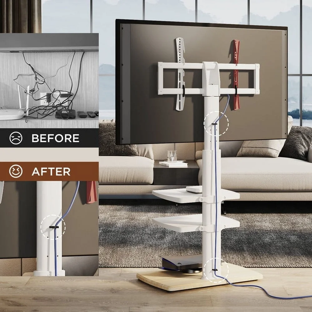 Sturdy Floor TV Stand 32-70 Inch TVs Adjustable Height Swivel Mount Holds 88lbs with Cable Management and Two Shelves