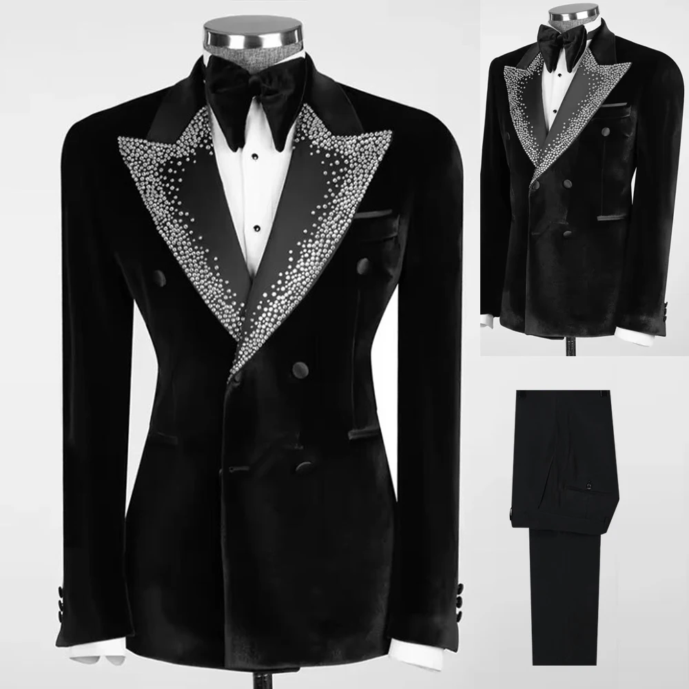 

Классические свадебные костюмы с камнями из бисера для мужчин, двубортный бархатный пиджак, брюки, комплект из 2 предметов, смокинг для жениха, банкета, вечеринки, наряд