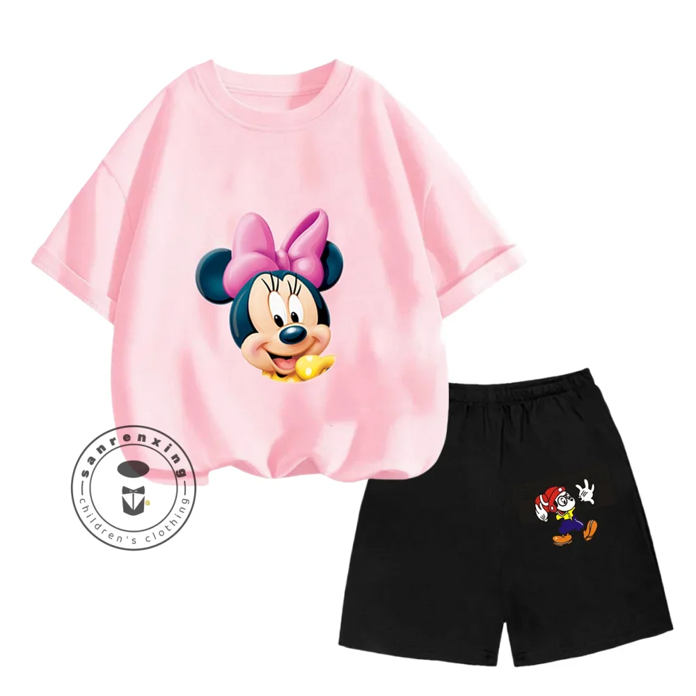 

Summer Mickey Mouse Cartoon Character Print Design O-neck Skin-friendly Short Sleeve and Elastic Shorts Children's Two-piece Set