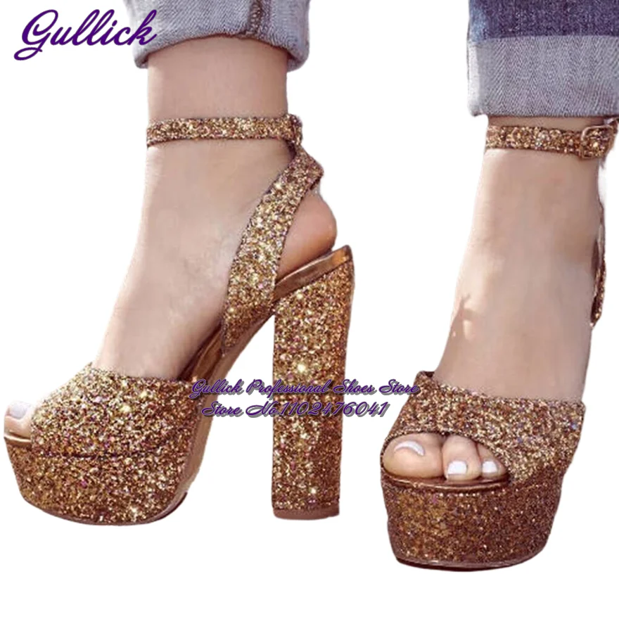 Gullick Bling Bling Golden Heels Sequined Gladiator Platform Sandals Glittering Open Toe Chunky Heels Paillette Wedding Shoes