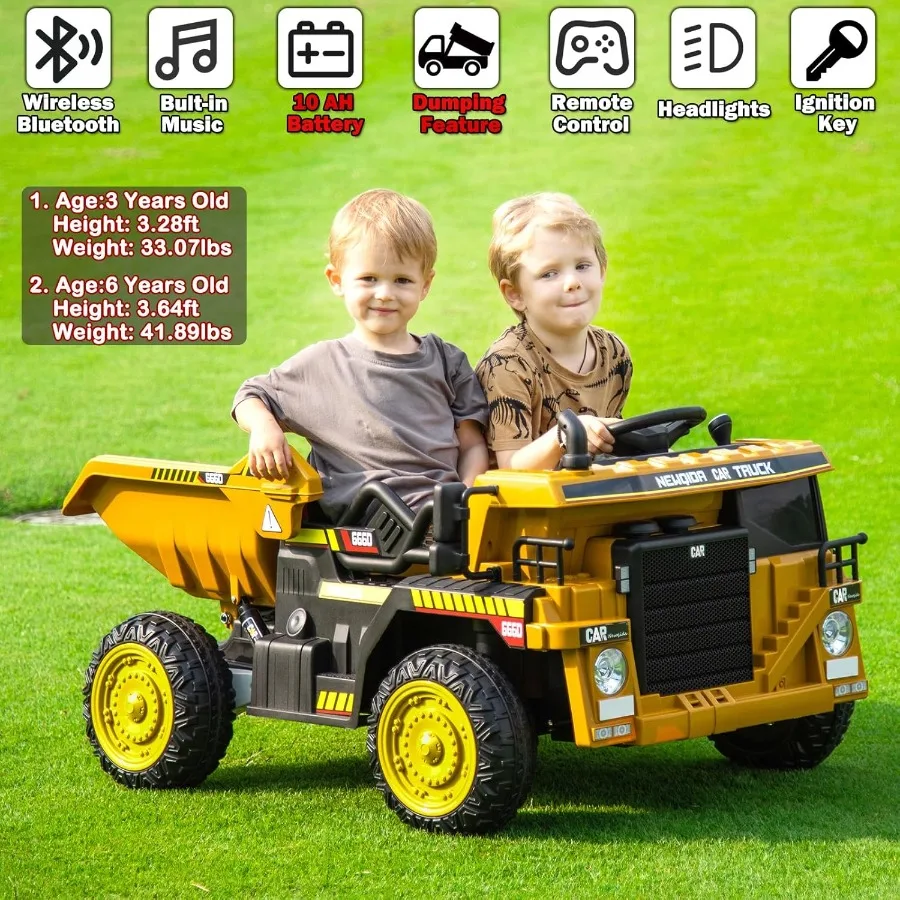 Ride on Dump Truck, 12V Kids Electric Car with Remote Control for Toddlers Ride on Construction Vehicles with Electric Dump Bed/