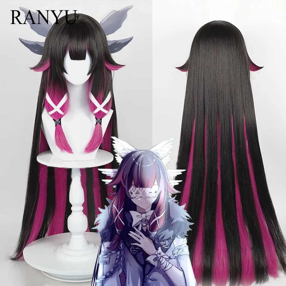 RANYU Wig dampak Genshin Columbina Wig sintetis Fatui Wig rambut Cosplay panjang lurus hitam merah untuk pesta sehari-hari