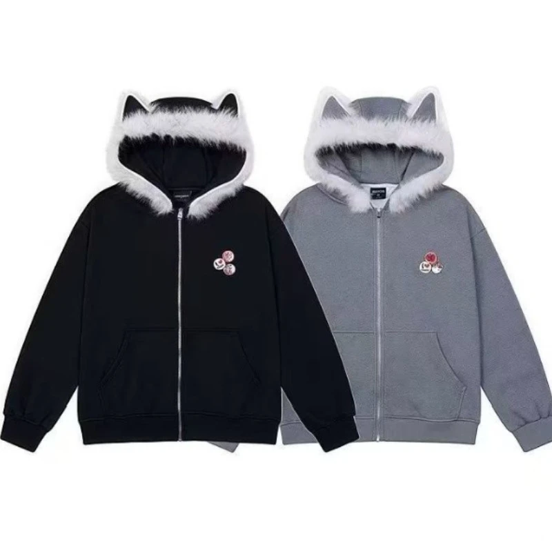 Y2k Kawaii Long Sleeve Jacket Hooded Cat Ears Women Casual Sweet Faux Fur Coat Slim Solid Color Cute Japan Style Hoodie Zipper
