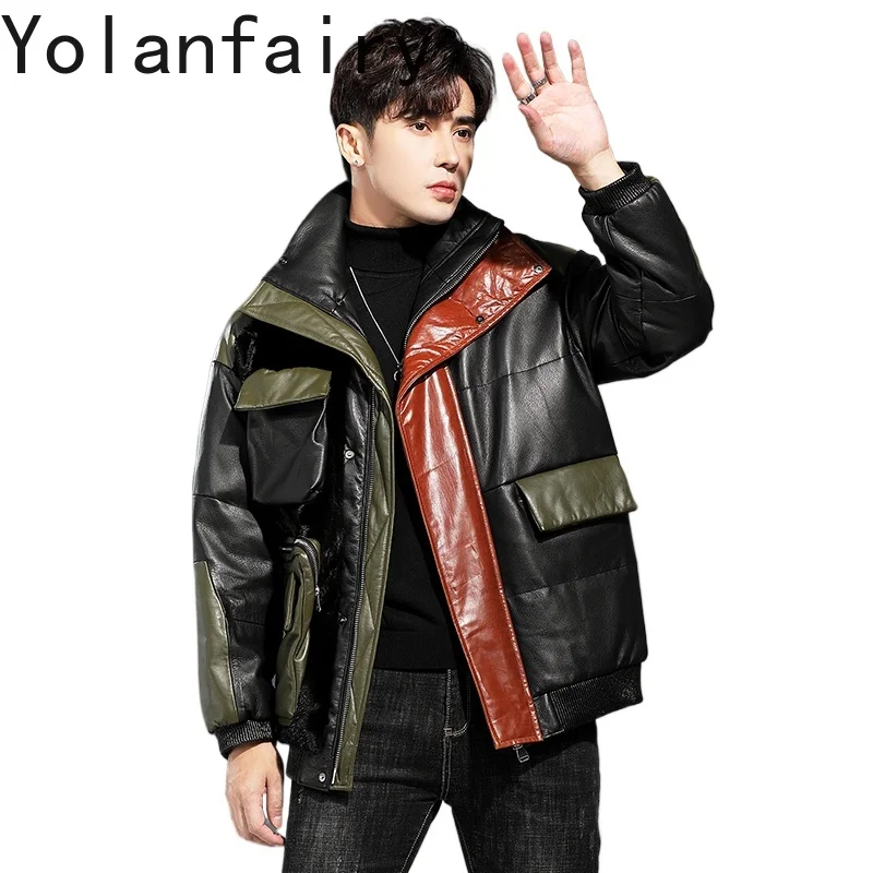 

YOLANFAIRY 2025 Autumn Winter Top Layer Cowhide Leather Down Jacket Men Winter Loose Short Down Coat Mink Fur Contrasting Color