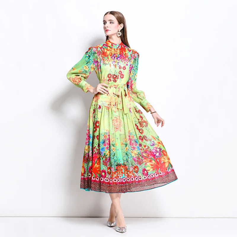 Grande robe trapèze imprimée pour femmes, manches lanternes, col montant, simple boutonnage, Design à lacets, robes longues Vintage, printemps 2025