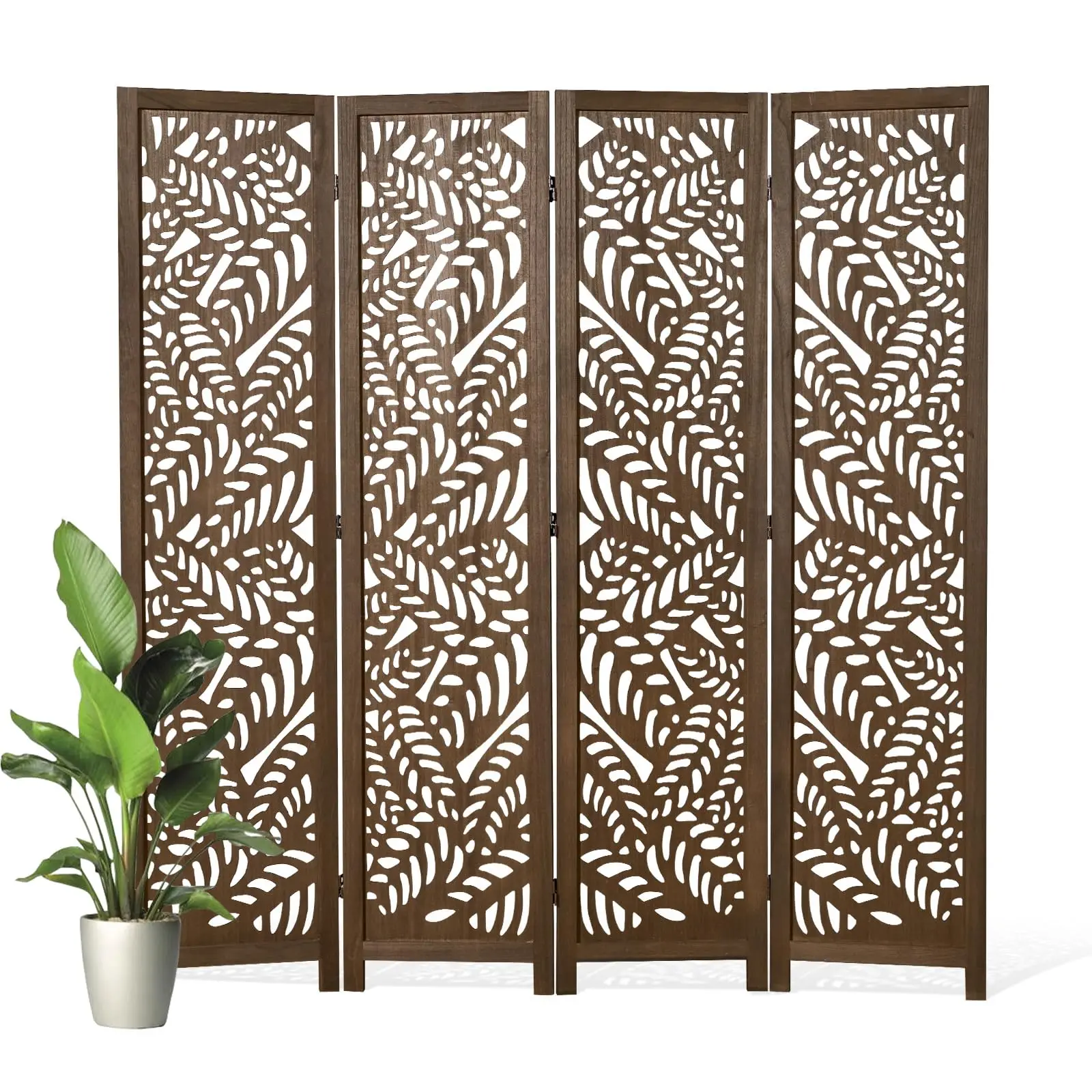 Leaf-Carved Room Divider Privacy Sn - 67 Inch Tall Foading Decorative Wood Sn Dividers Panel for Home - Natural Wood