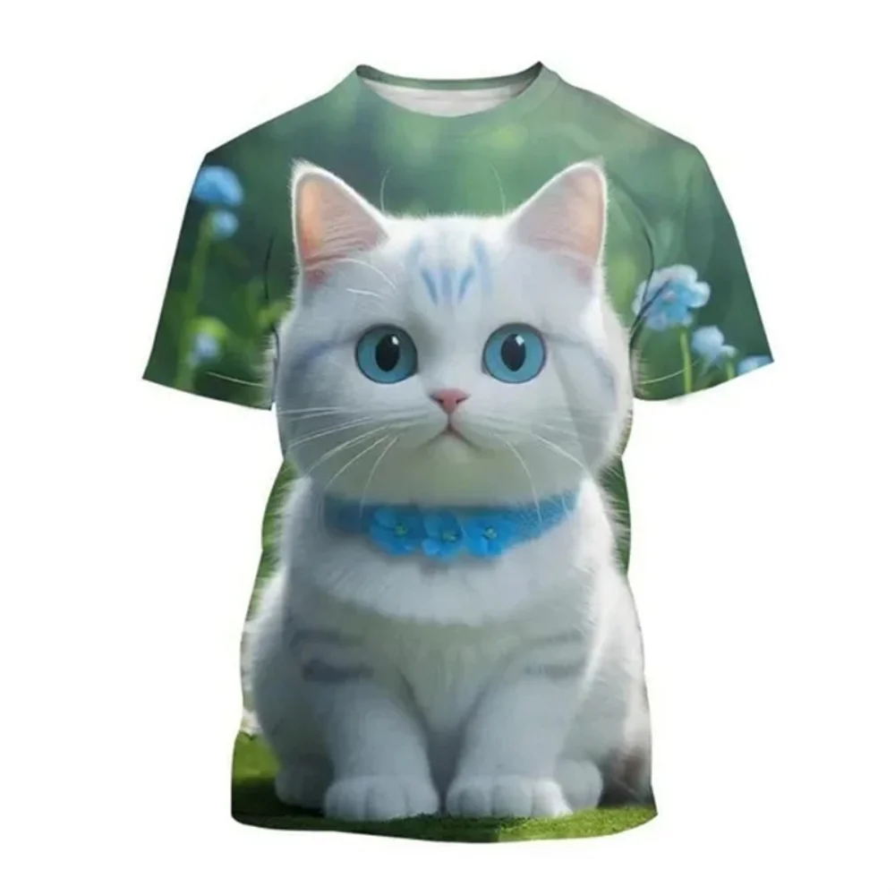 

PLUS Size Fashion Kids Clothes Cute Cat Print Tees Children's T-Shirt Girls Summer Clothes Kawaii Crew Neck Junior Clothing