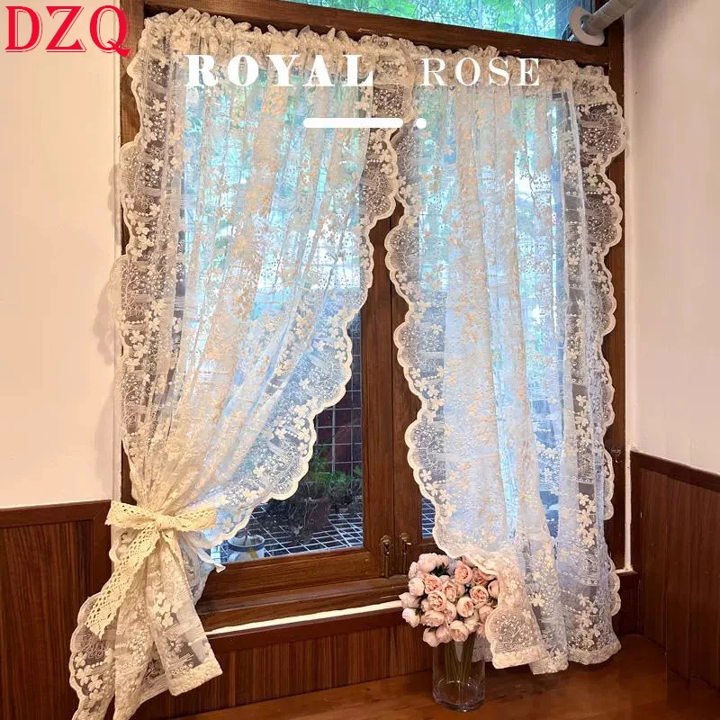 Idyllic Embroidered Floral Lace French Flowers Tulle Curtains for Living Room Warp Ruffled Wave Sides Curtains for Kitchen #A625