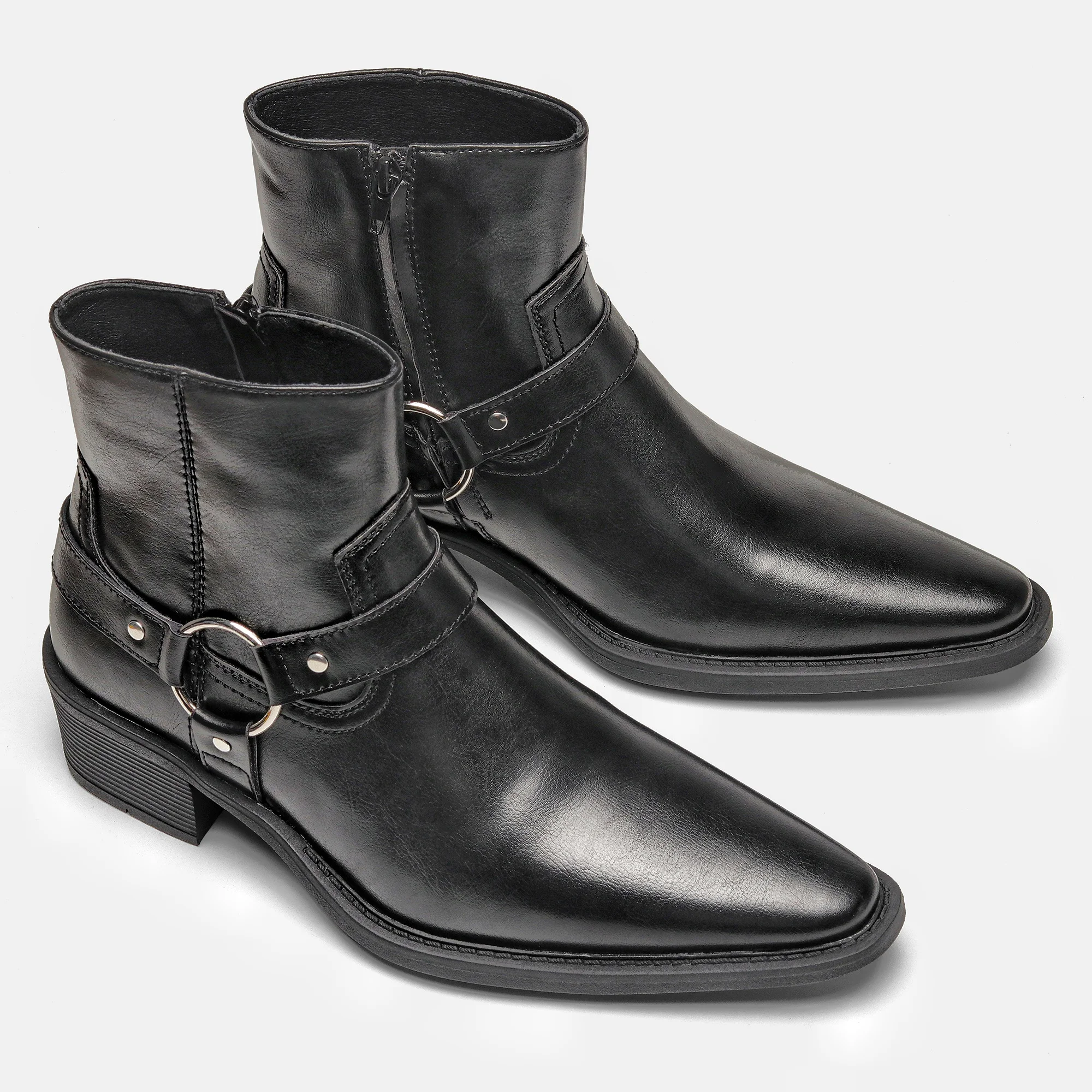 Chelsea-Stiefel für Herren, schwarze Schnallen-Knöchelstiefel mit seitlichem Reißverschluss, spitze Zehenpartie, Blockabsatz – Detail 8