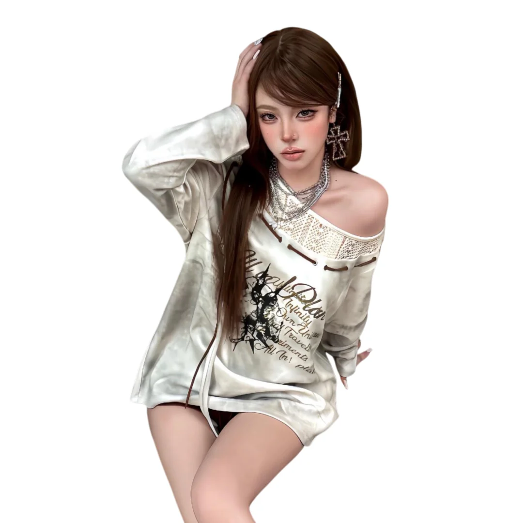 Felpa con cappuccio asimmetrica sottocultura da donna 2026 Primavera maglia patchwork con spalle scoperte Felpa casual Spice Girl alla moda