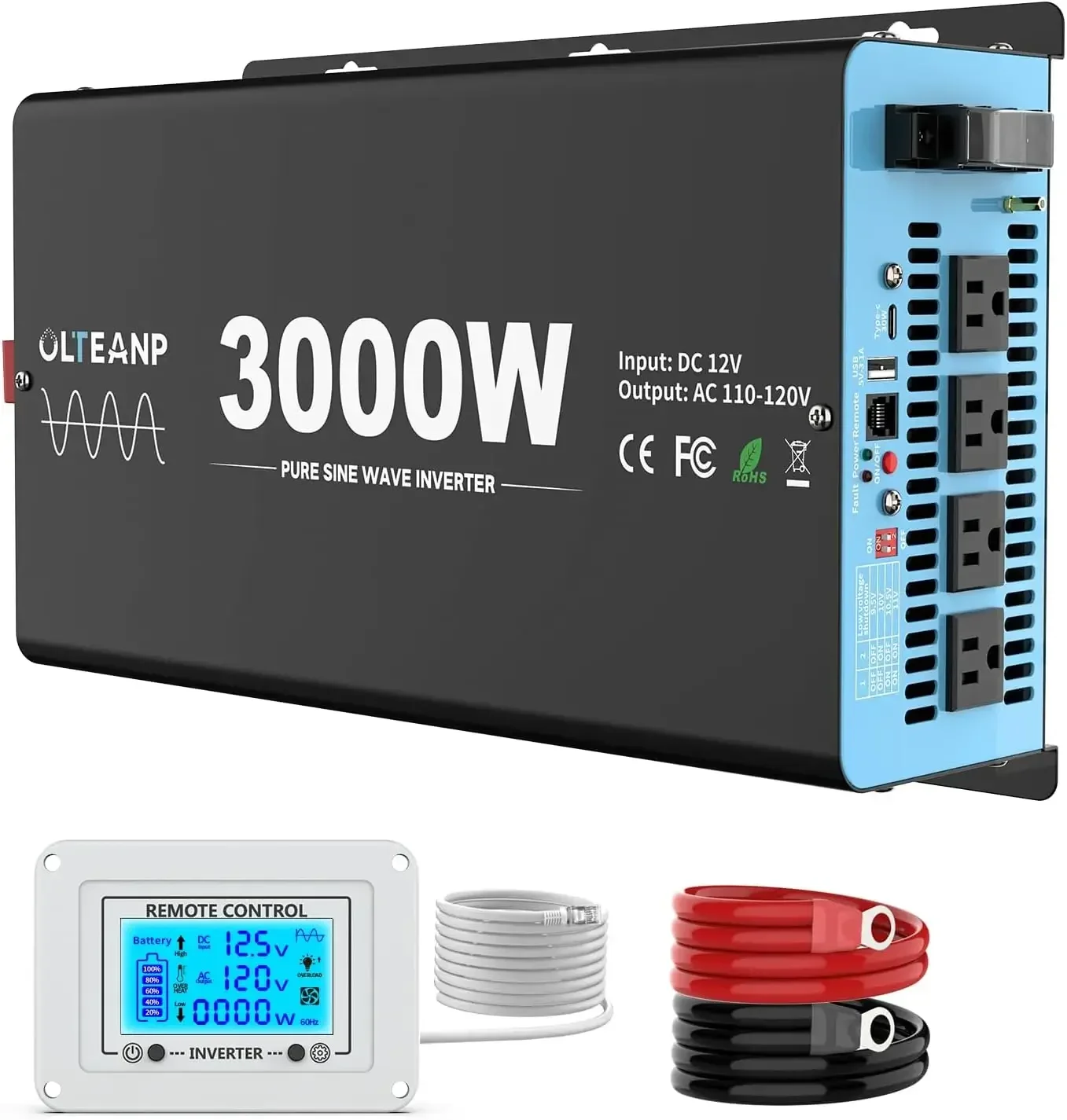 3000 Watts Pure Sine Wave Inverter 12V DC to 110V AC, 6000W Peak Power, 4 AC Outlets, USB & 30W Type-C, Adjustable Input for Lit