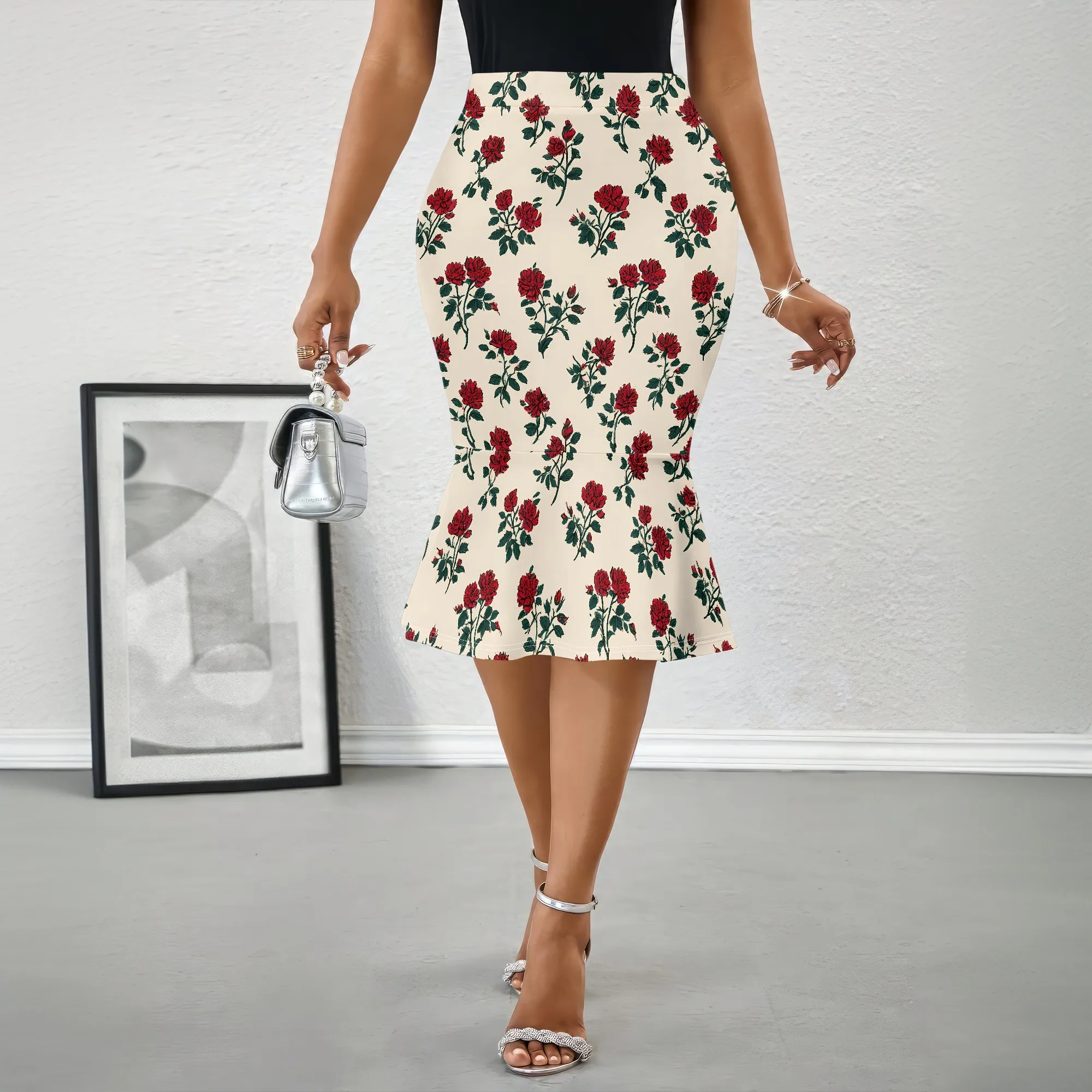 Elegant Rose Print Skirt, Floral Pencil Skirt, Vintage Midi Skirt, High Waist Mermaid Skirt for Women Office Party, S-2XL