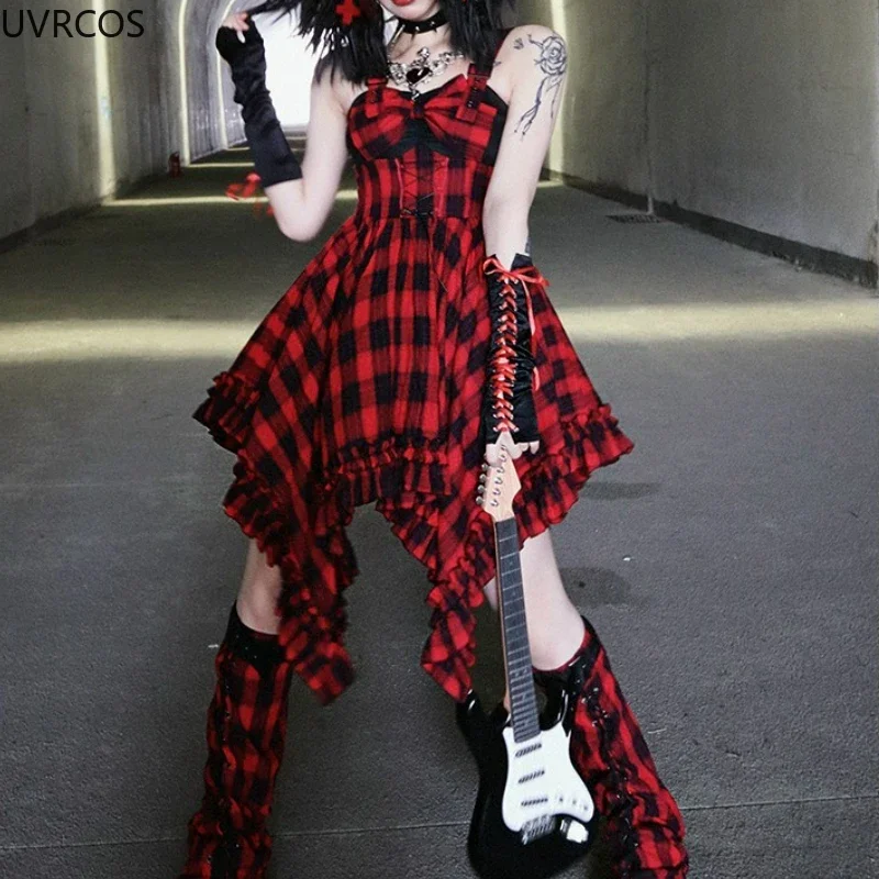 Japanese Y2k Punk Style Lolita Jsk Dress Women Red Bow Plaid Irregular Ruffles Dresses Autumn Clothes Vintage Gothic Party Dress