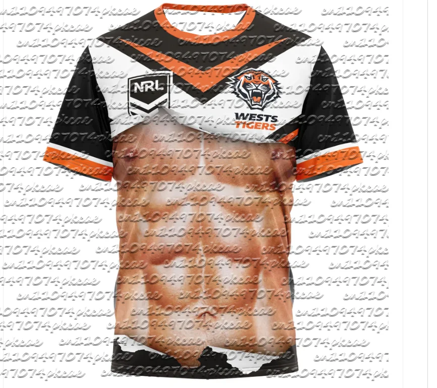 26 Summer New Wests Tigers NRL Funny 3D Muscles Graphic Jersey  Family Matching Y2K T-shirt Suitable for Daily and Training Wear