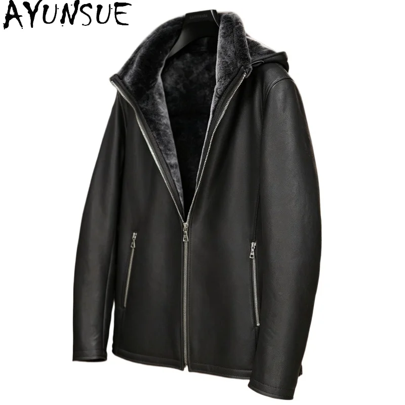 AYUNSUE, abrigo de piel Natural suave de lujo para hombre, chaqueta cálida de invierno de piel de oveja auténtica, abrigos de piel con capucha de cuero genuino negro, casaco