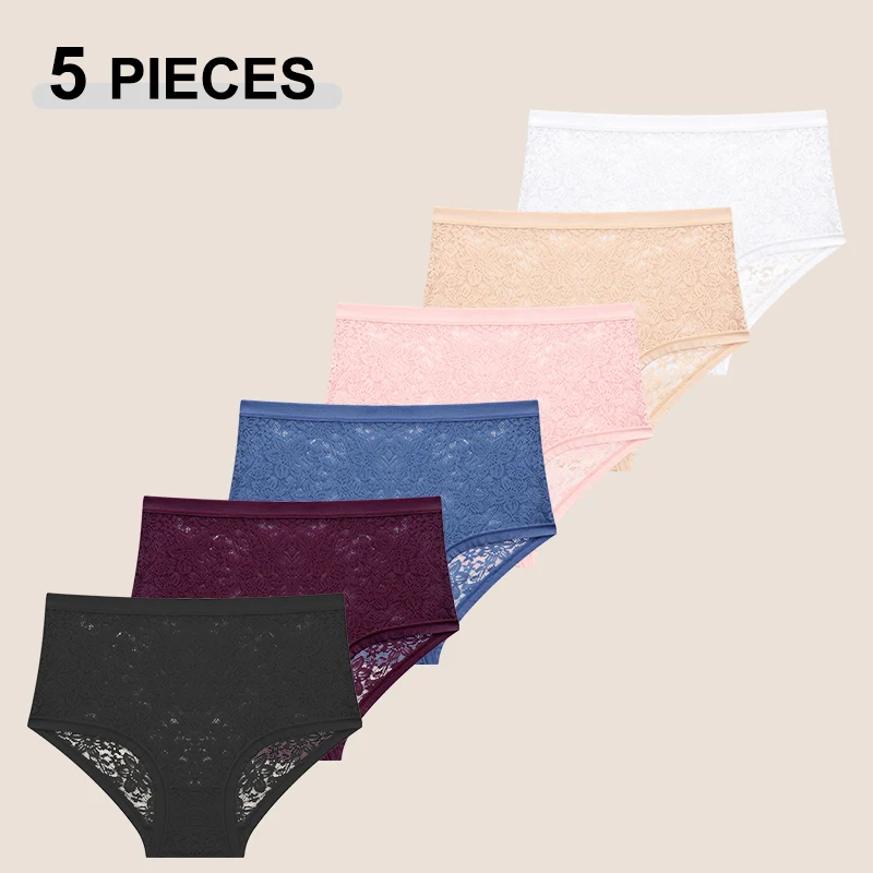 

5 шт., сексуальные кружевные трусики с цветочным принтом для женщин, однотонное прозрачное нижнее белье, женские дышащие трусы с высокой талией, новинка