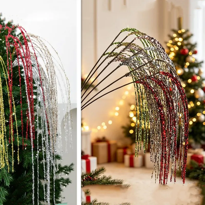 Glitzernde Perlenzweige als Weihnachtsdekoration in Gold-Weiß, Künstliche Pflanze mit Quasten und Weizenähren für Christbaumschmuck