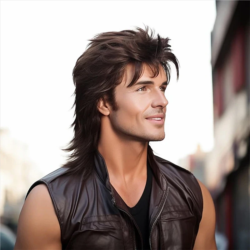 Synthetic Hair Mullet Wig Adult Funny Wigs for Men Pop Rock Joe Dirt Wig for 70s 80s Party Costume Accessories Male Use