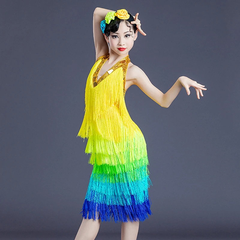 Children'S Latin Dance Costume Competition Clothing Colorful Tassel One Piece Dress Girls Practice Latin Performance Dress L4566