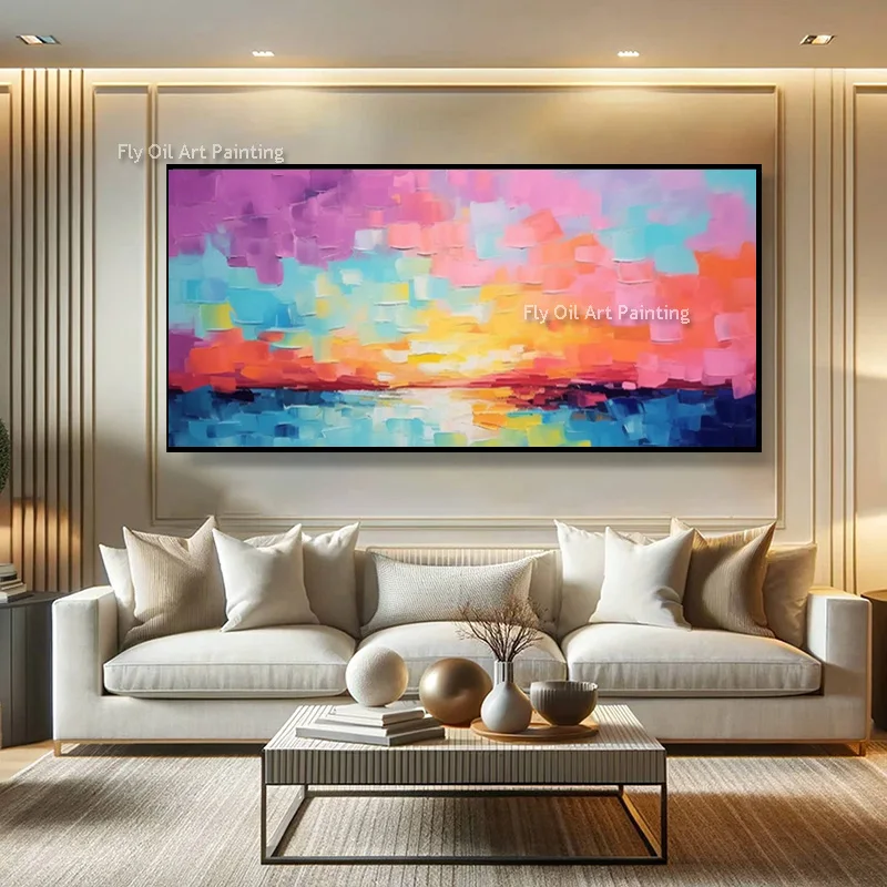 Blue Sea And Red Purple Sky Scape Oil Painting Hand Painted Blue Golden Yellow Abstract Wall Art On Canvas New Original Artwork