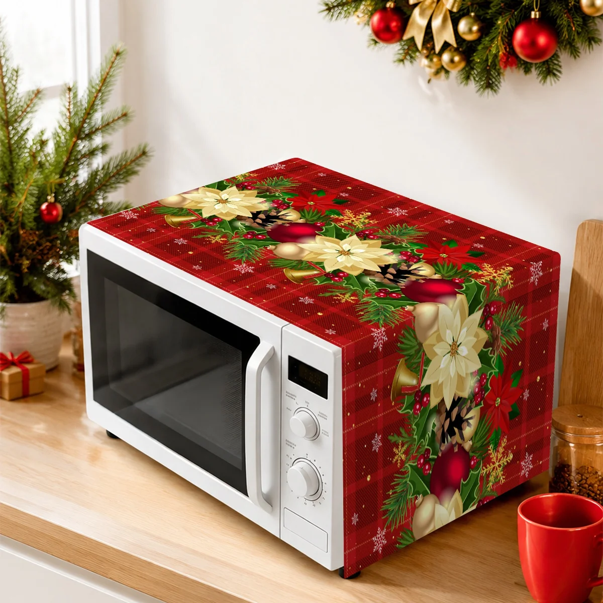 Christmas Microwave Cover Poinsettia Flower Design Polyester Microwave Protector for Christmas Countertop Decor Kitchen Ornament