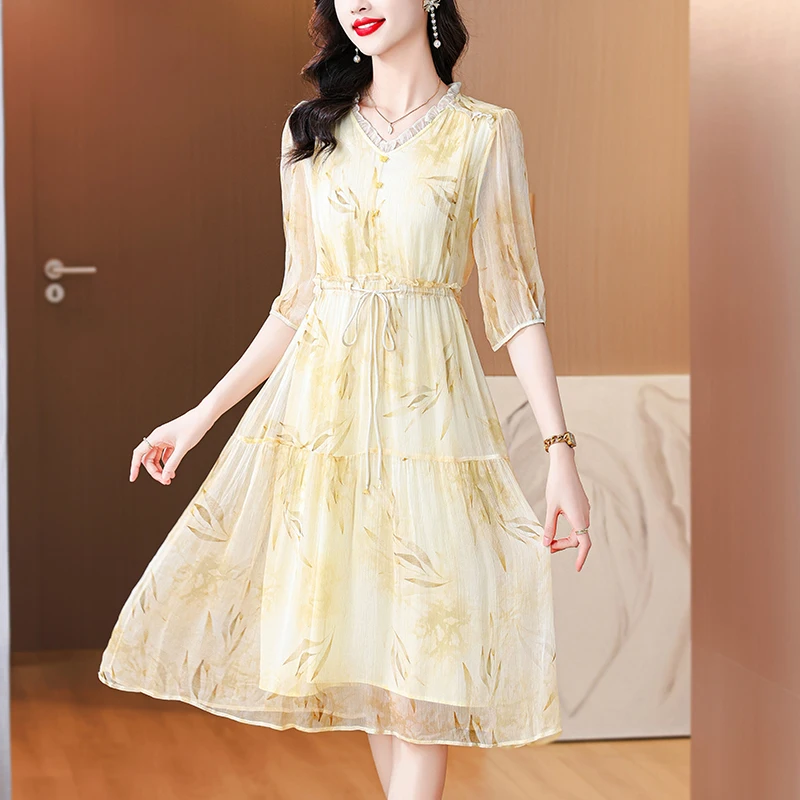 2024 Summer Mom's Elegant Mulberry Silk Dress Women's New Noble and Wide Fashionable Short Sleeve Silk Long Dress