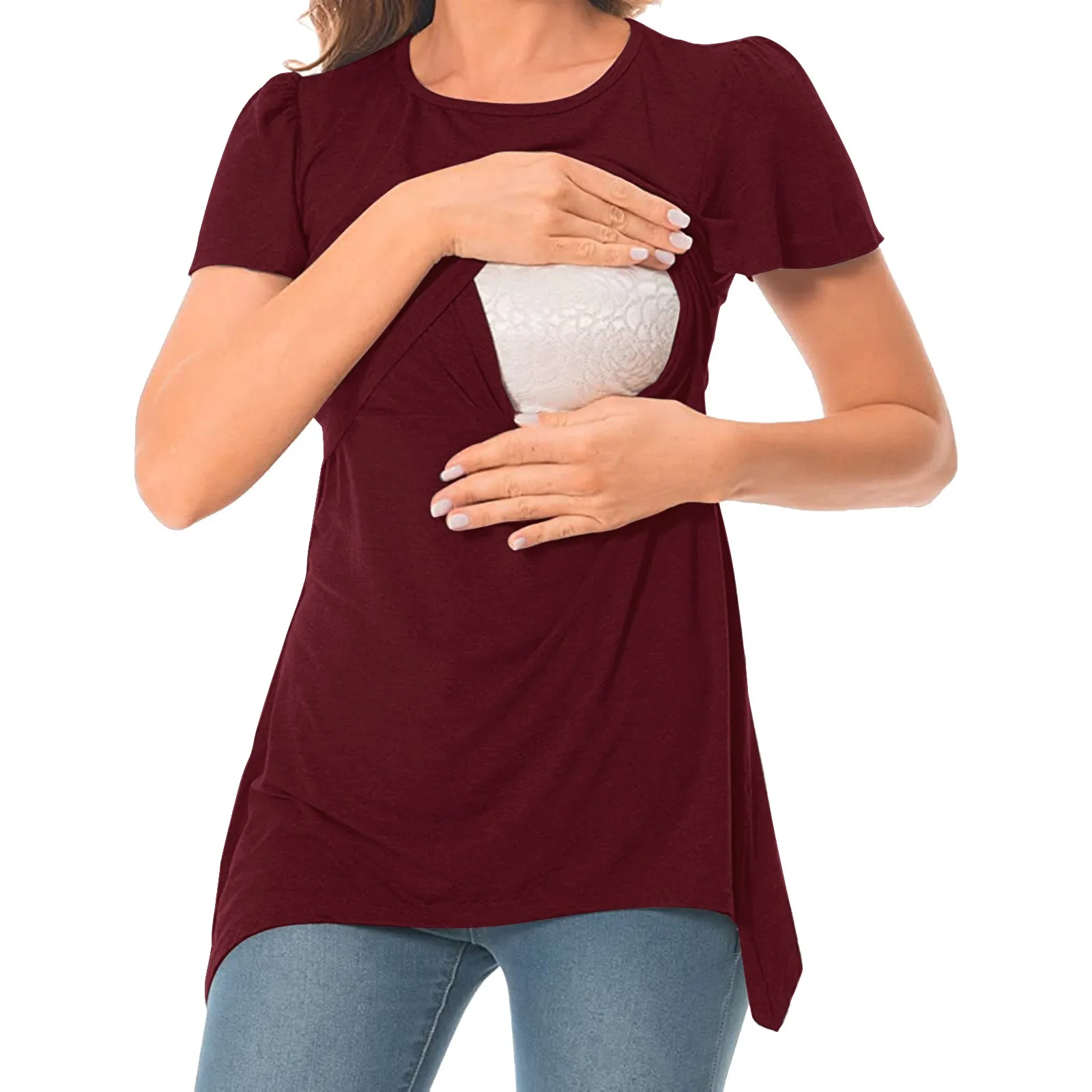 Maternity Nursing Tops Pregnant Womens Irregular Hem Tee Breastfeeding Shirt Casual Short Sleeve Basic Nursed T Shirt Solid Tops