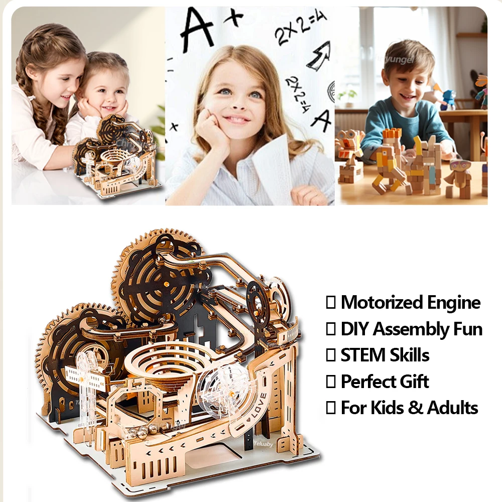 3D Wooden Puzzle Building Model Kit Electric Motorized Marble Run STEM Educational Construction Toys for Kids Adults Gifts