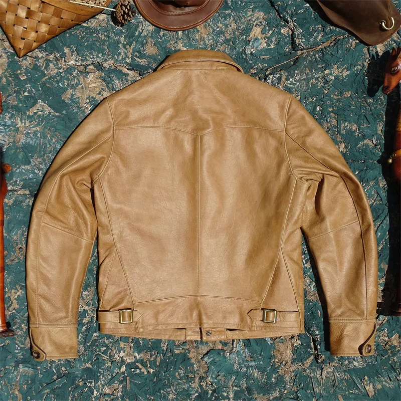Three-pocket denim tobacco-colored imported oil wax first layer cowhide leather jacket men's American retro western - Image 4