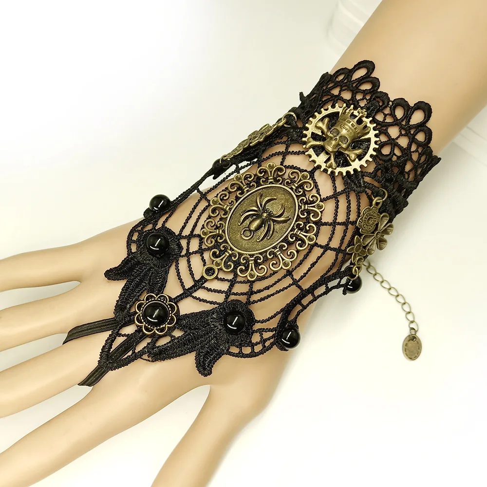 

Spider Web Black Lace Gloves Halloween Skull Bracelet