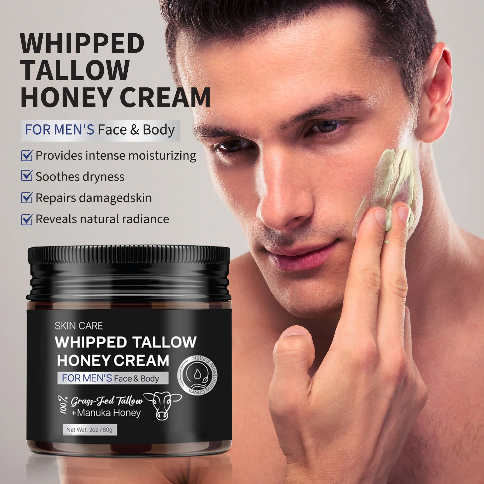 Men's Whipped Tallow Honey Cream 60g - Tallow & Manuka Honey, Non-Greasy Moisturizing Face & Body Balm for Dry Skin Care.