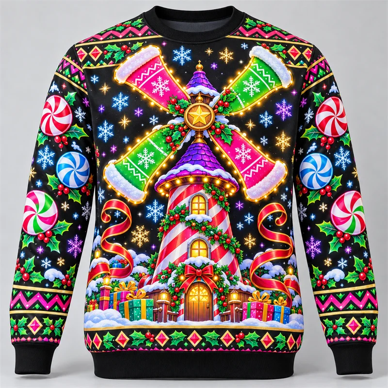 Ugly Christmas Sweatshirt Men Neon Gingerbread House Cactus Dragon Snail Astronaut Print Crewneck Long Sleeve Festive Pullover