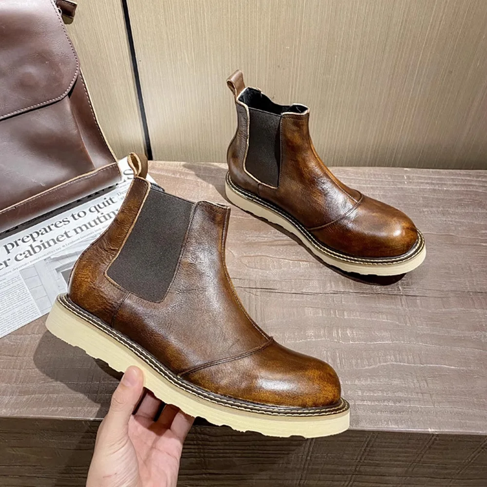 

Retro Men's Genuine Leather Chelsea Boots High Top Leather Shoes Outdoor Platform Ankle Western Work Boots Elastic Oxfords