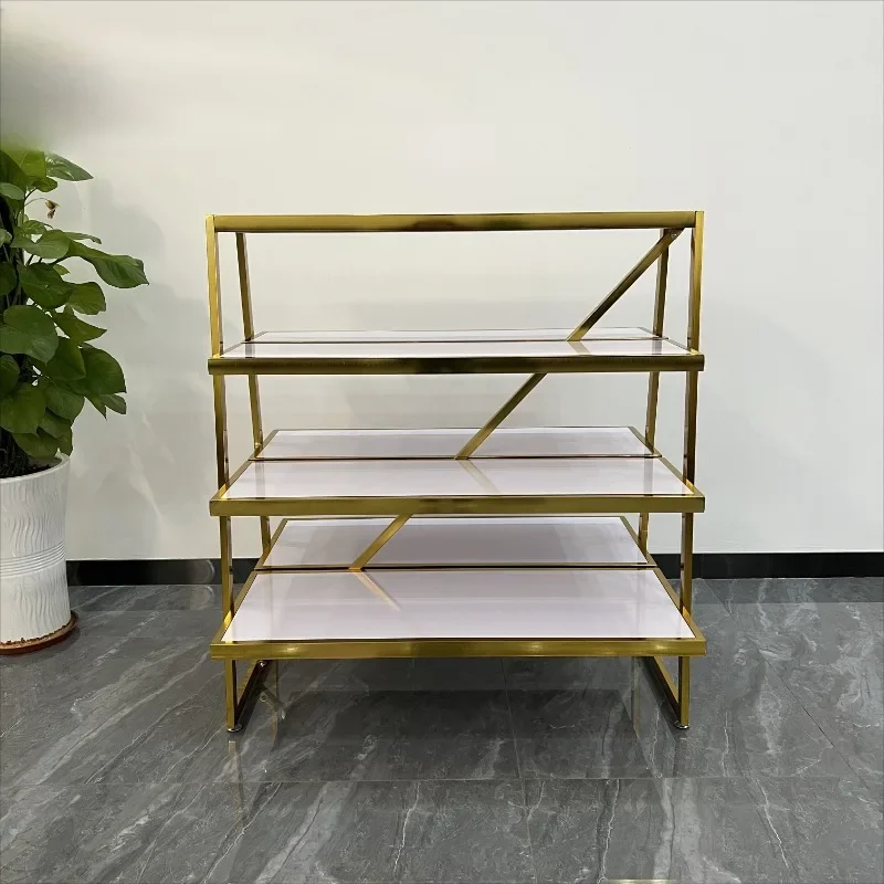 gold metal multi-layer wooden center island display stand