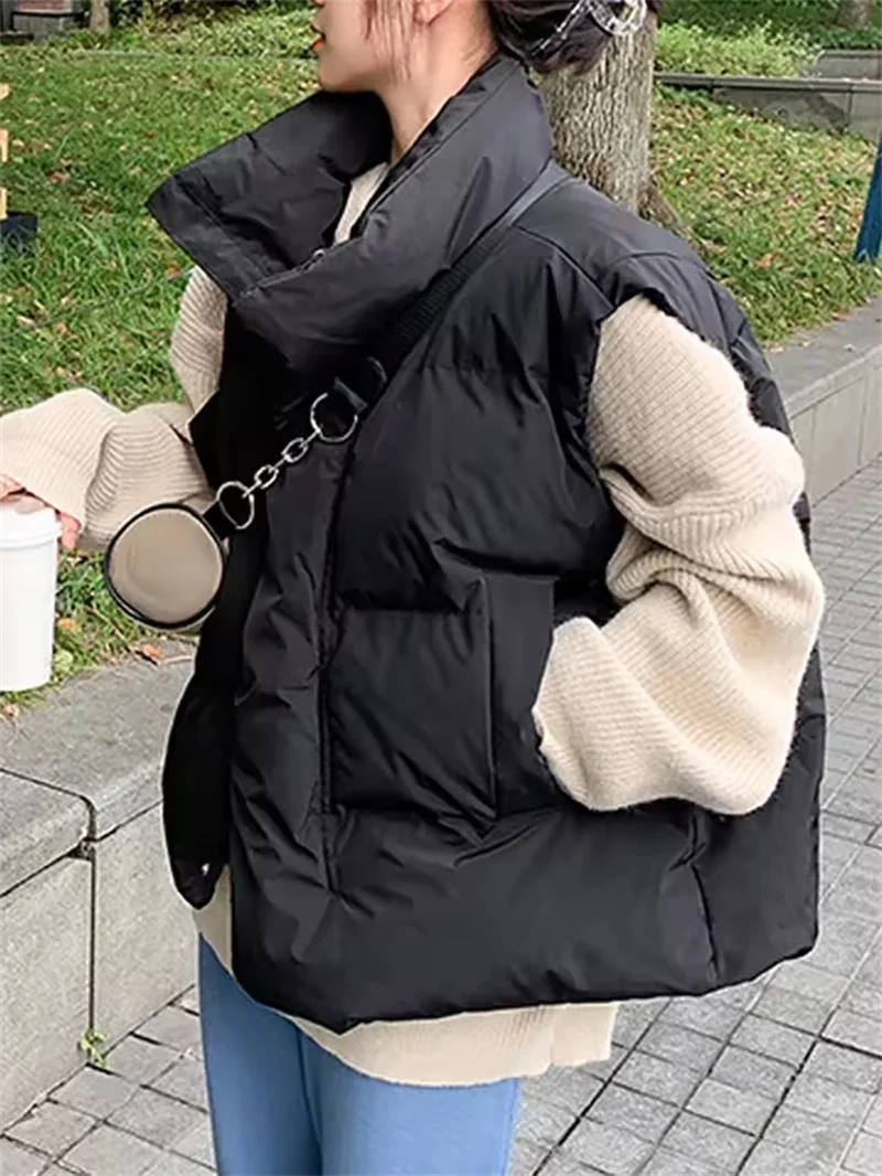 Chaqueta sin mangas para mujer, chaleco acolchado, chalecos cálidos de invierno, abrigo liso con cuello levantado, prendas de vestir holgadas para mujer