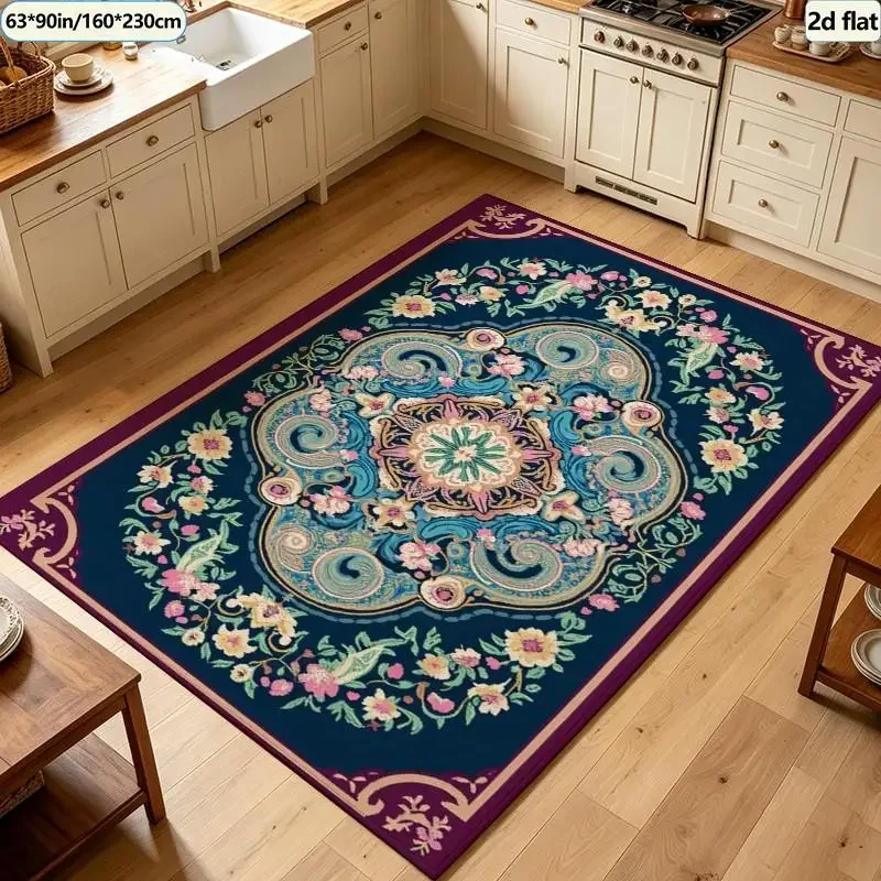 Vintage Oriental Floral Pattern Bohemian Style Carpet Washable Carpet Non-Slip Indoor Living Room Bedroom Home Floor Carpet