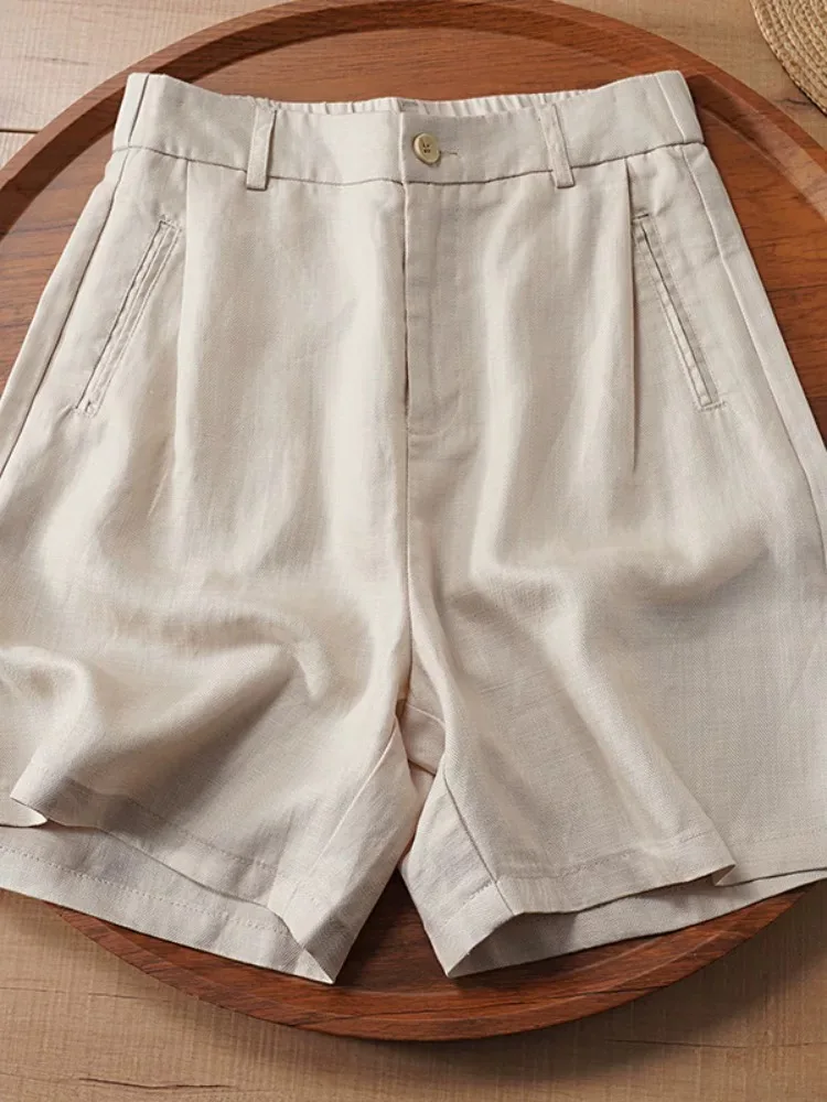Damski lniany komplet casualowy, wysoki stan, wyszczuplający, luźny krój, letnie, cienkie lniano-bawełniane spodnie z szerokimi nogawkami, prosty krój, długość do połowy uda.