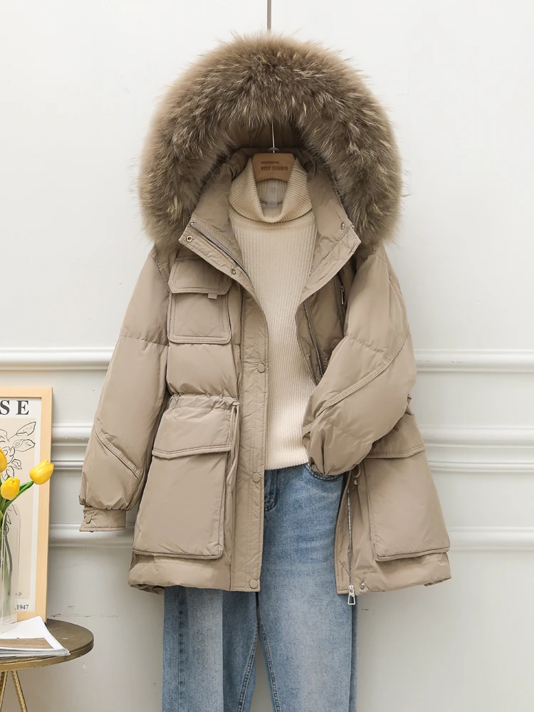 2023 Winter Large Natural Fur Hooded Tooling Parka Women 90 White Duck Down Thick Jacket High Waist Loose Windbreak Warm Coat