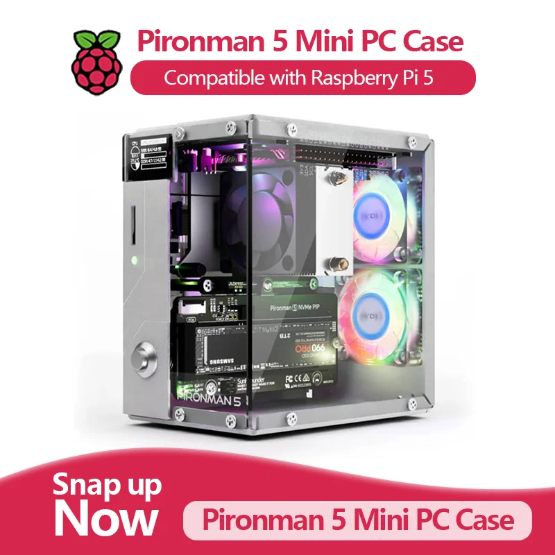 

Мини-корпус Pironman 5 для ПК Raspberry Pi 5, с башенным кулером + двумя вентиляторами RGB, OLED-модулем 0,96 дюйма, SSD NVMe M.2