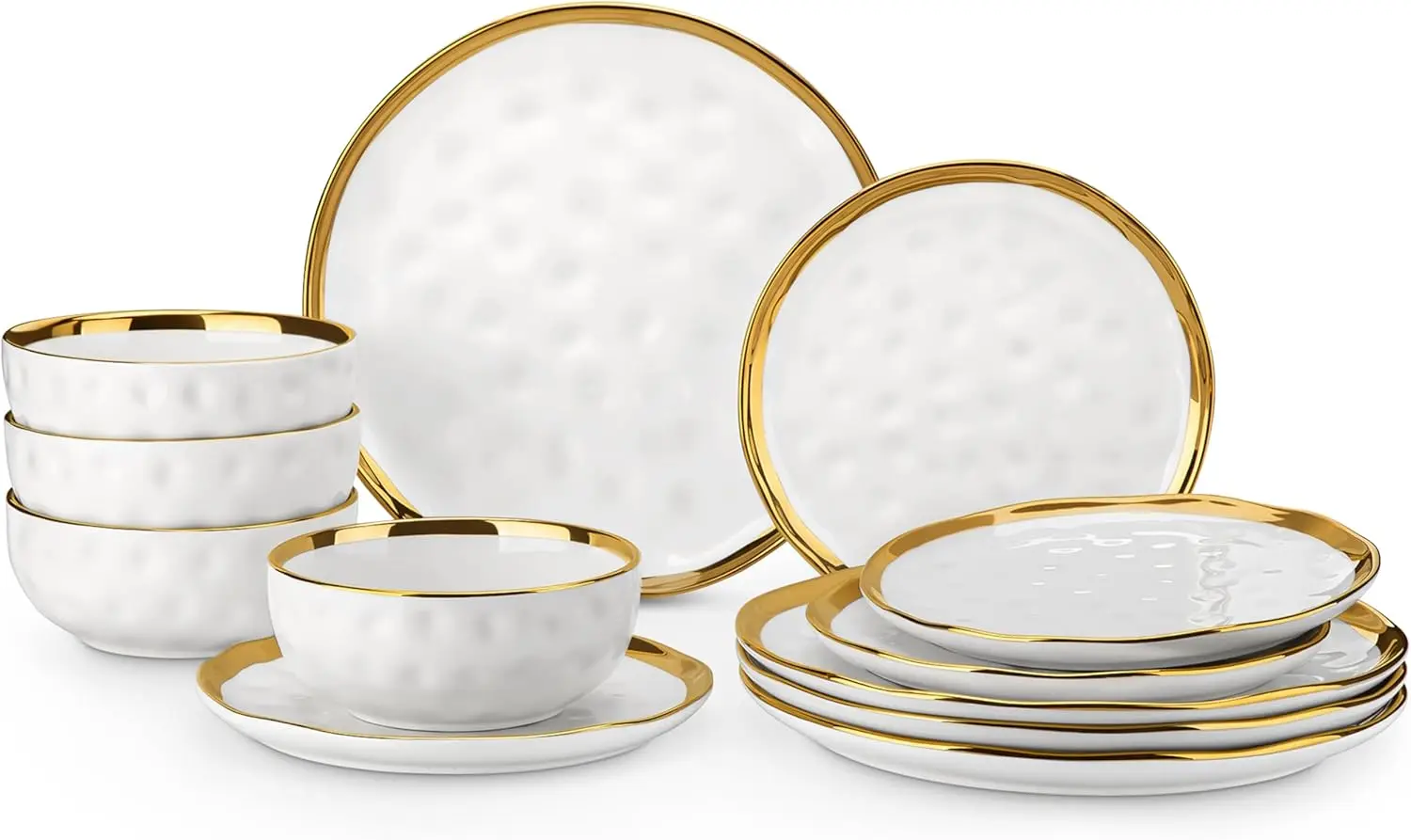 

12 Pieces Plates and Bowls Sets, Porcelain White and Gold Dinnerware Sets, Round Dinner Plates Dishes
