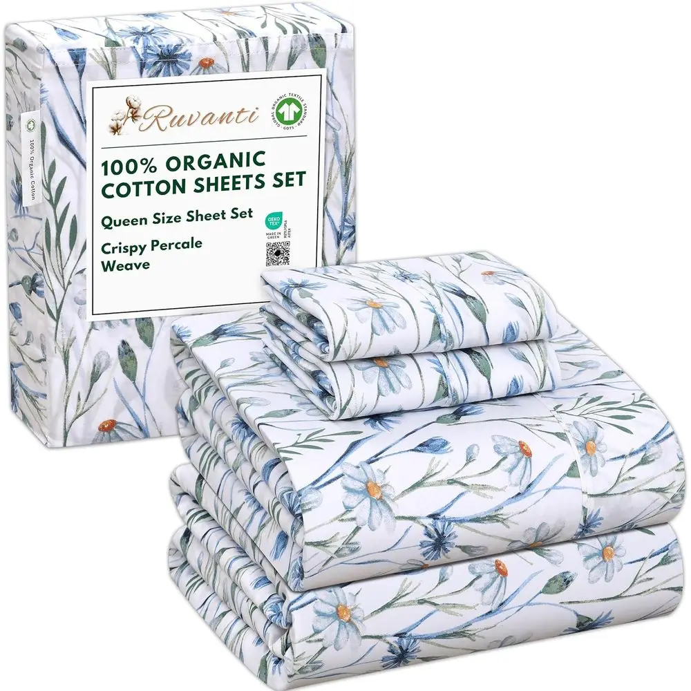 

Queen Size Organic Cotton Sheets, Percale, GOTS Certified, 4-Piece, Deep Pocket 15, Breathable & Durable Bedding