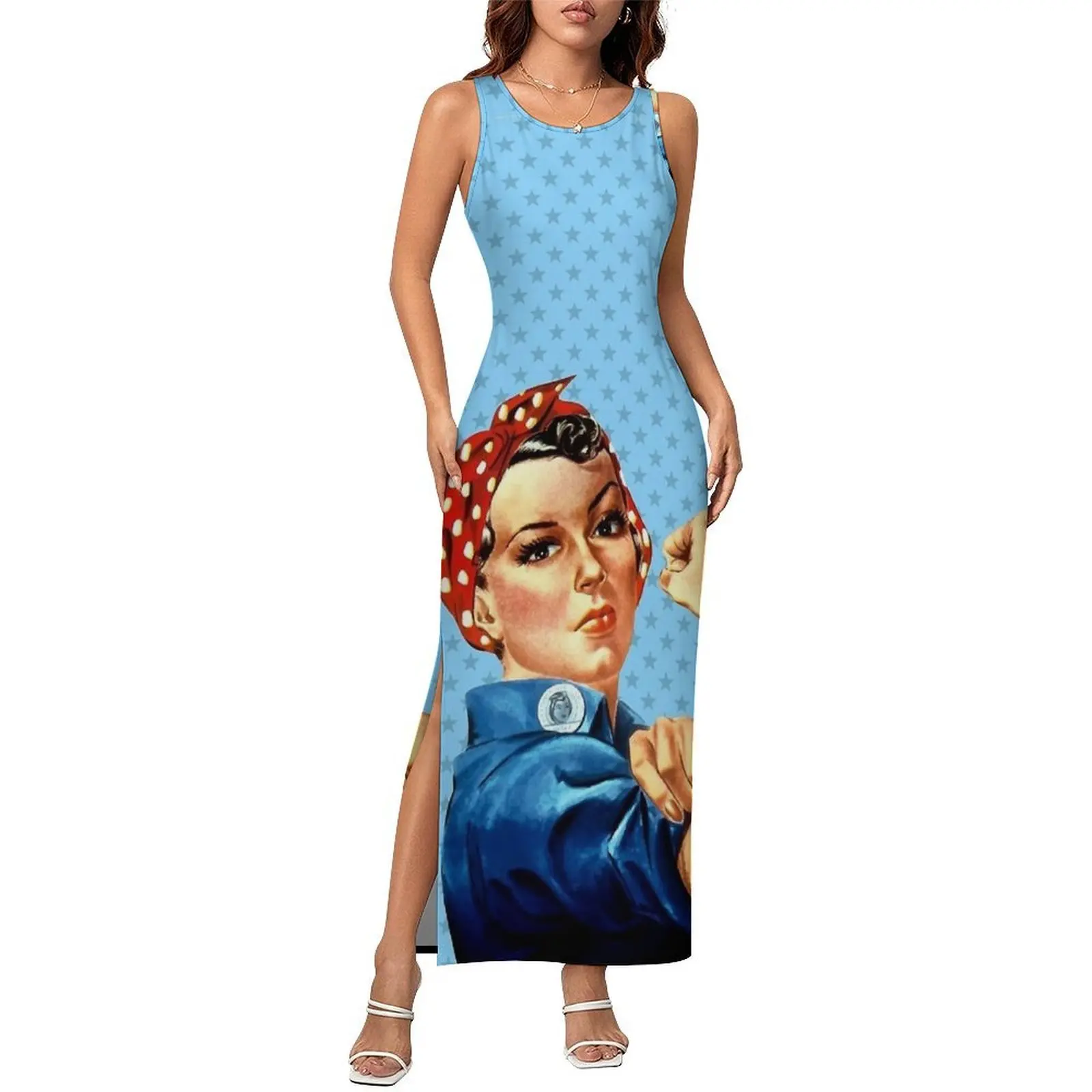 Women Bodycon Dress Club Party Rosie The Riveter Blue With Star Maxi Dresses Summer Sleeveless Fashion Pattern Dress Big Size