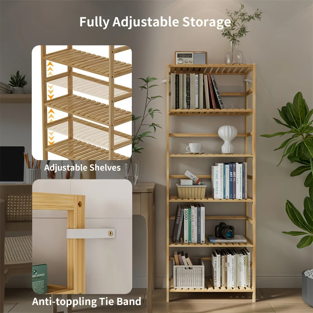 6-Tier Bamboo Storage Rack Shelving - Display Stands for Home Organization with Free Standing Design, Bookshelf, Plant