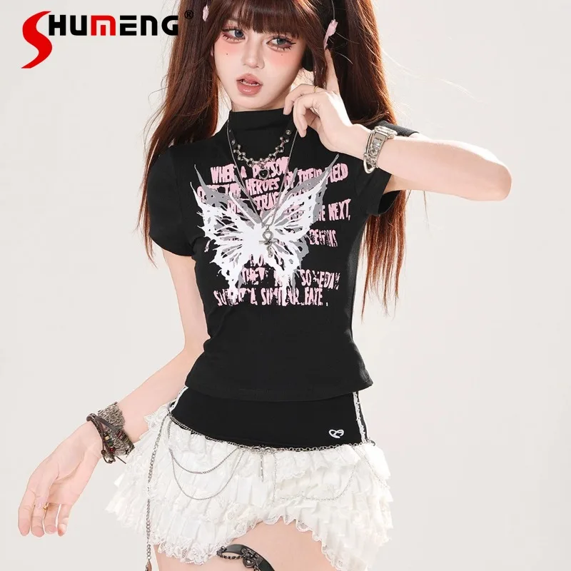 

Butterfly Image Front Shoulder American Retro Style Short-sleeved T-shirt Women's Summer Waist And Thin Girl Short Top Tshirts