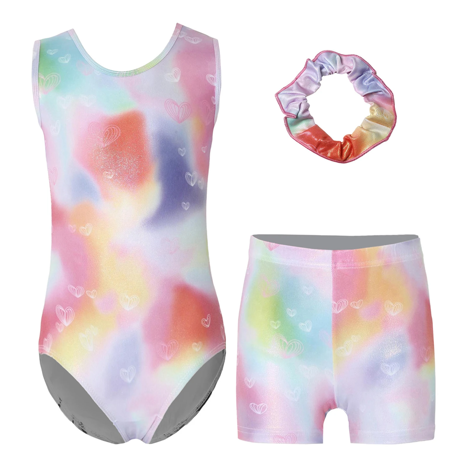 Kids Girls Gymnastics Leotard Sleeveless Printed Metallic Bodysuit with Shots Hairband Ballet Dance Skating Acrobatics Costume