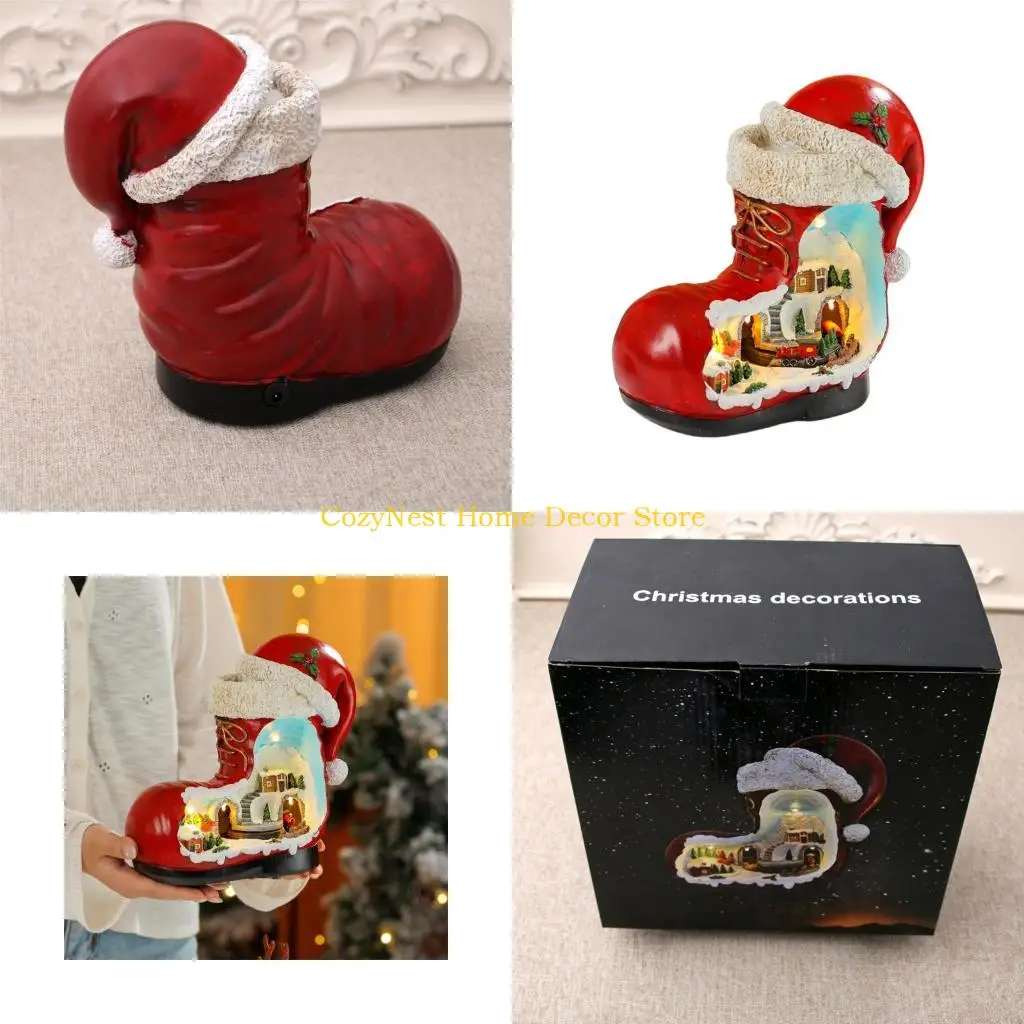 92MF Shelf Ready Christmas Village Piece with Music, Light, and Moving Scene, Red Boot Form for Indoor Holiday Placement in