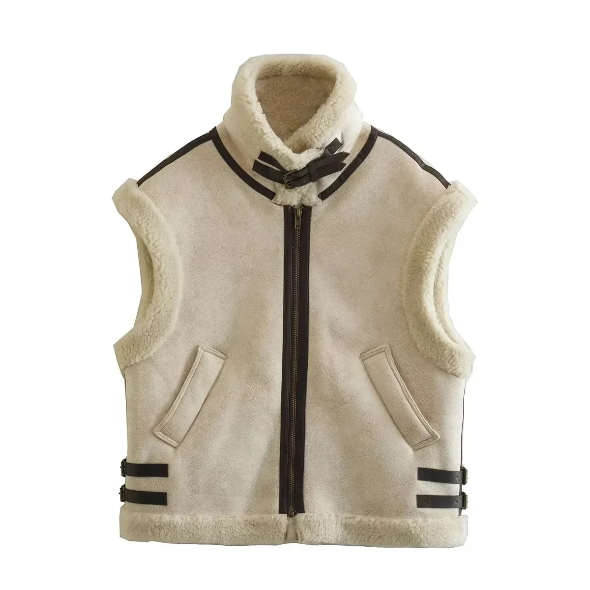 

Y2K New Women's Fur and Leather Fleece Stitching Sleeveless Cotton Vest Vest Jacket Women's Tops Кардиган Женский