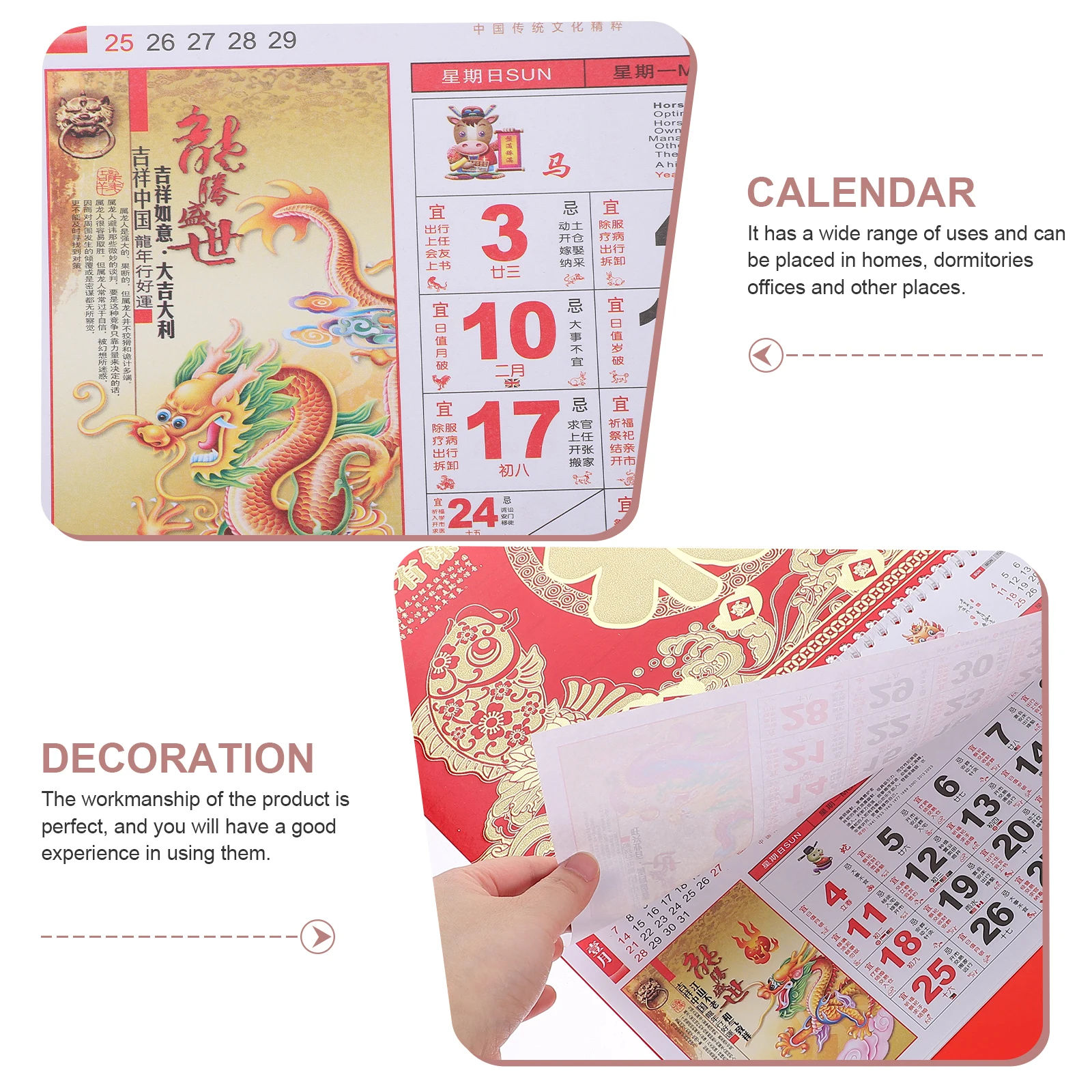 

2024 Dragon Wall Calendar Hanging Lunar Monthly Planner Golden Foil Year of Surplus Home Decoration New Year Gift