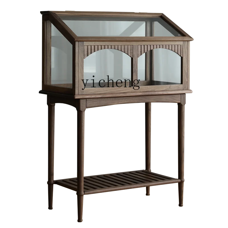 

YY Nordic Retro Black Walnut Balcony Glass Flower Stand Courtyard Shelf